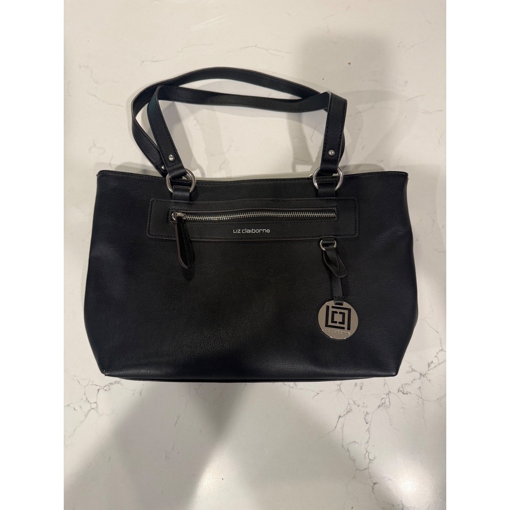 Liz Claiborne Black Faux Leather Triple Compartment Tote Bag RN93677